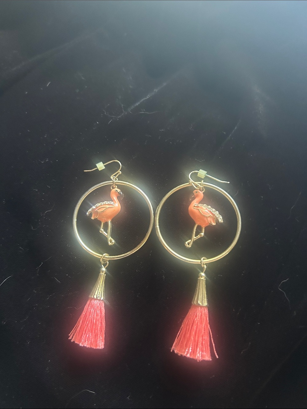 Gold Hoop Earrings with Coral Flamingo Charm and Coral Tassel